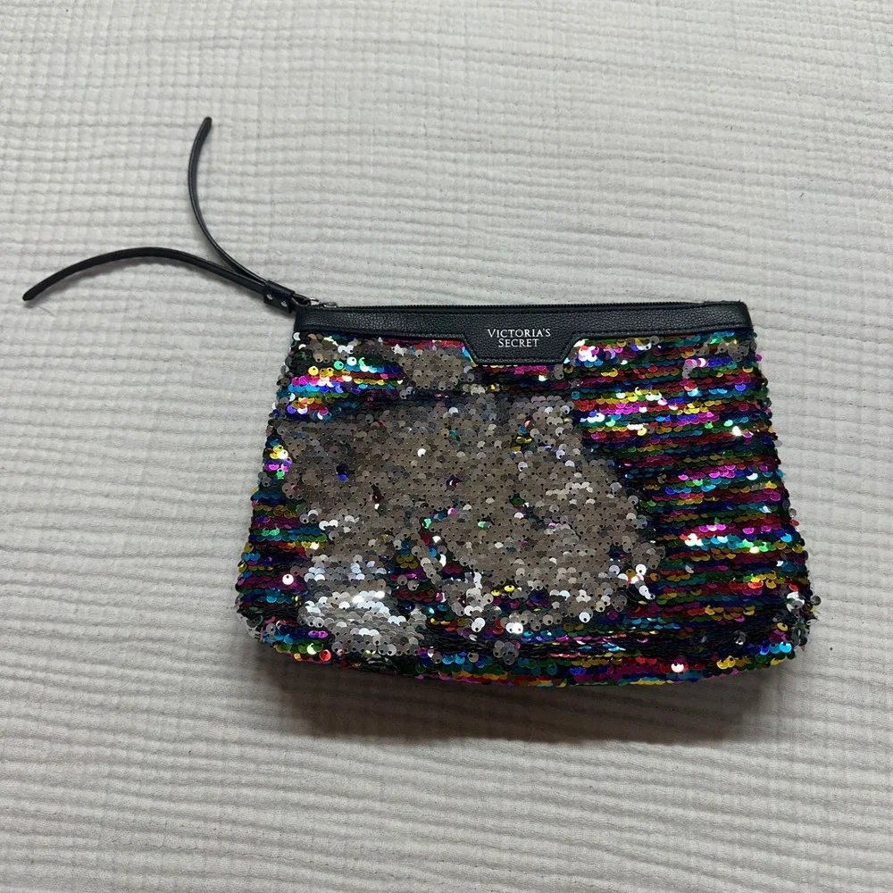 Victoria's Secret Black Flip Rainbow Sequin Bling cosmetic pouch bag purse Y2K